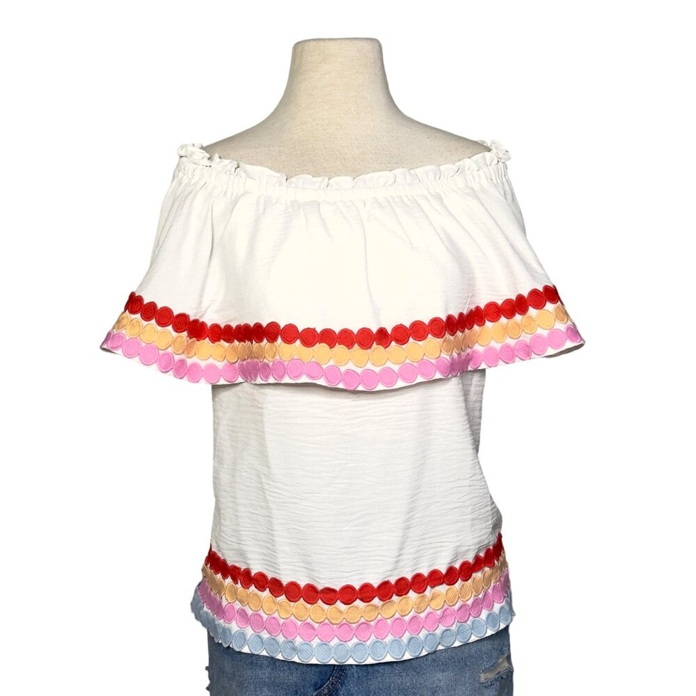 Morgan Claire Multi White Off Shoulder Ric-Rac Trimmed Ruffled Tiered Top Size S